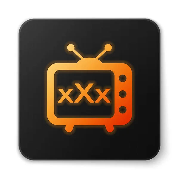 Oranje gloeiende XXX TV oude televisie pictogram geïsoleerd op witte achtergrond. Symbool voor leeftijdsbeperking. 18 Plus content teken. Volwassen kanaal. Zwarte vierkante knop. Vector illustratie — Stockvector