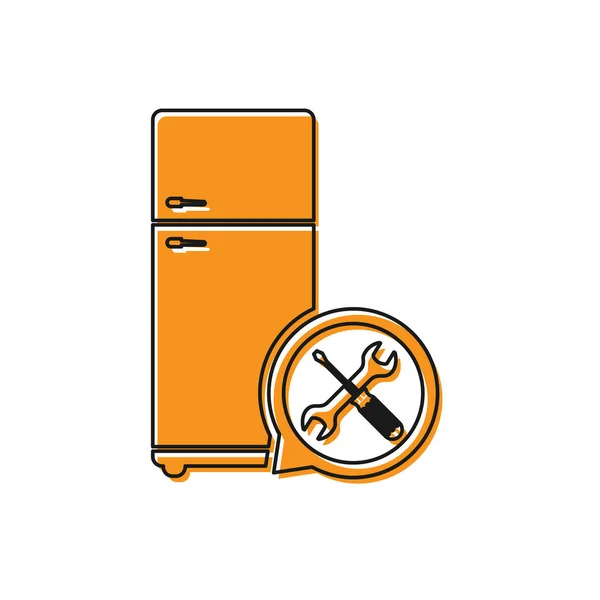 Orange Refrigerator with screwdriver and wrench icon isolated on white background. Adjusting, service, setting, maintenance, repair, fixing. Vector Illustration — Stock Vector