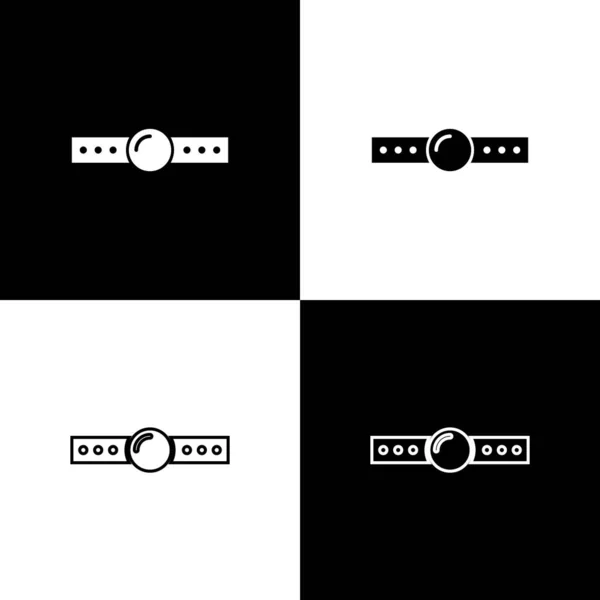 Set Silikon Ball Gag mit einem Ledergürtel Symbol isoliert auf schwarzem und weißem Hintergrund. Fetisch-Accessoire. Sexspielzeug für Männer und Frauen. Vektorillustration — Stockvektor