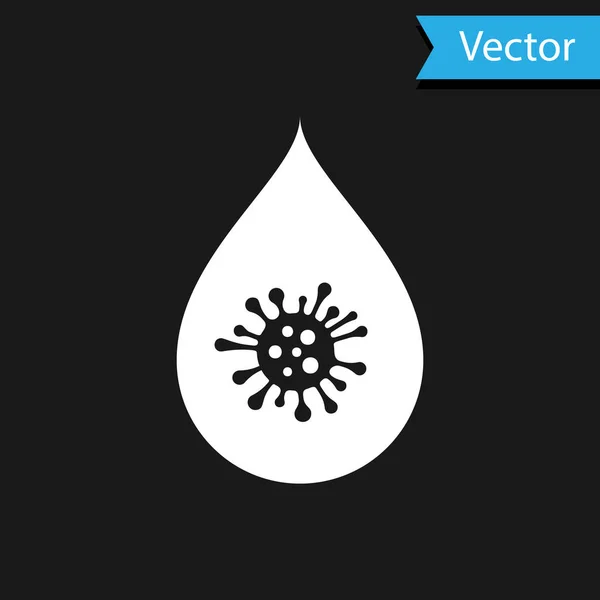Fehér Dirty víz csepp ikon izolált fekete háttér. Baktériumok és baktériumokat, mikroorganizmus-betegség, sejtrák, Mikroba, vírus, gombák. Vektoros illusztráció — Stock Vector