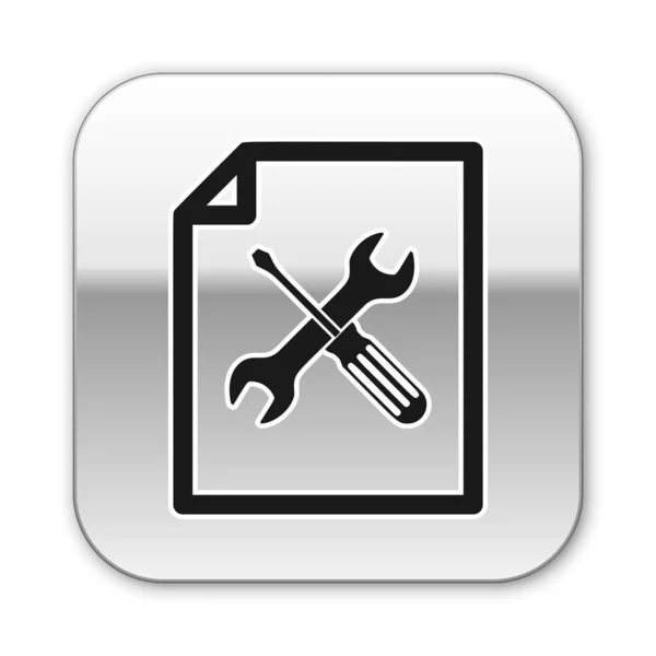 Black File document with screwdriver and wrench icon isolated on white background. Adjusting, service, setting, maintenance, repair, fixing. Silver square button. Vector Illustration — Stock Vector