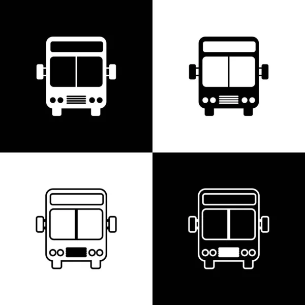 Setzen Bussymbol isoliert auf schwarzem und weißem Hintergrund. Transportkonzept. Busfahrt-Verkehrsschild. Tourismus oder öffentliches Verkehrsmittel. Vektorillustration — Stockvektor