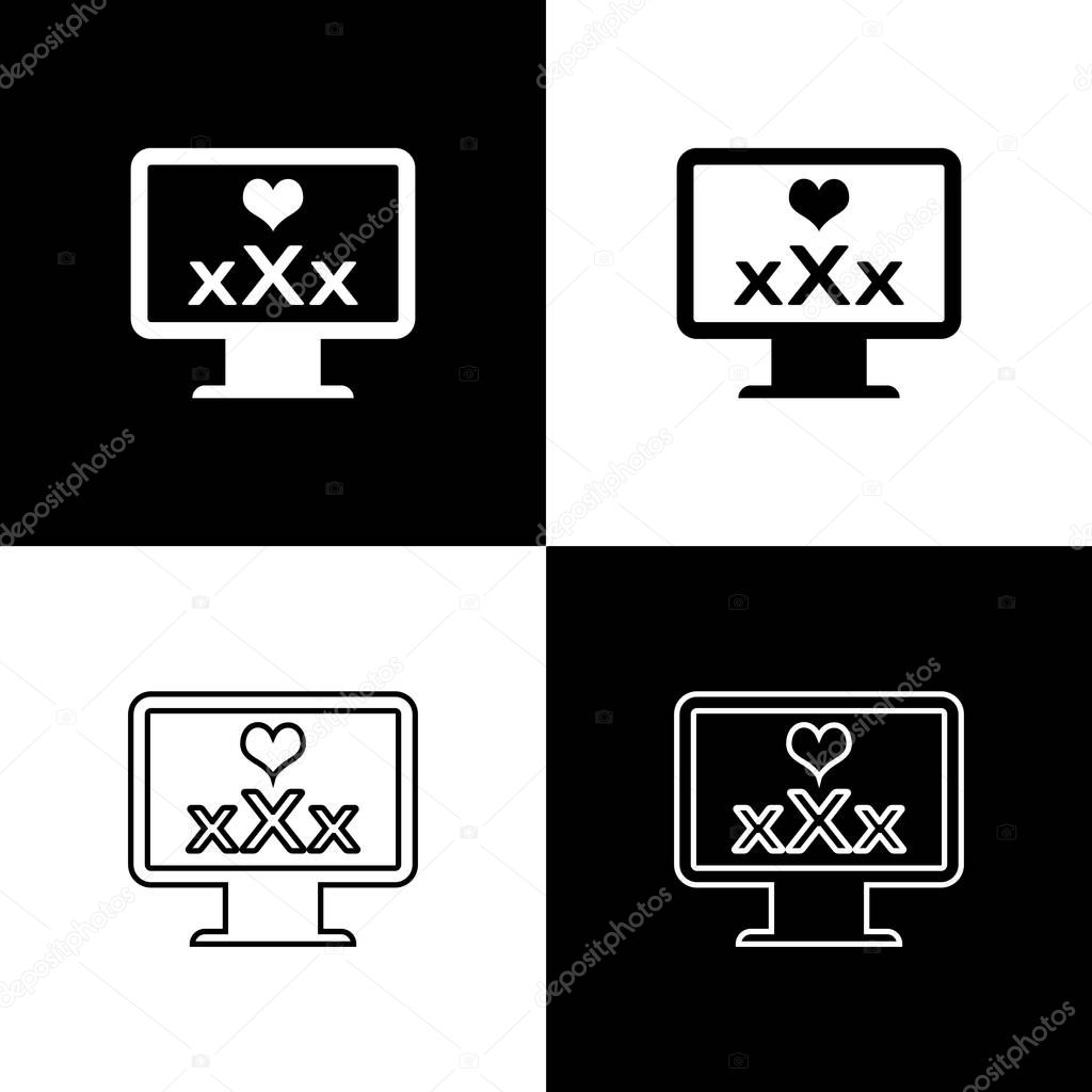 Set Computer monitor with 18 plus content heart icon isolated on black and white background. Age restriction symbol. XXX content sign. Adult channel. Vector Illustration