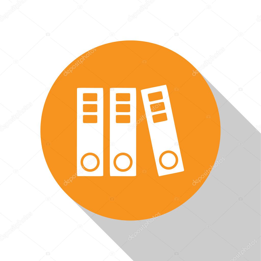 White Office folders with papers and documents icon isolated on white background. Office binders. Archives folder sign. Orange circle button. Vector Illustration
