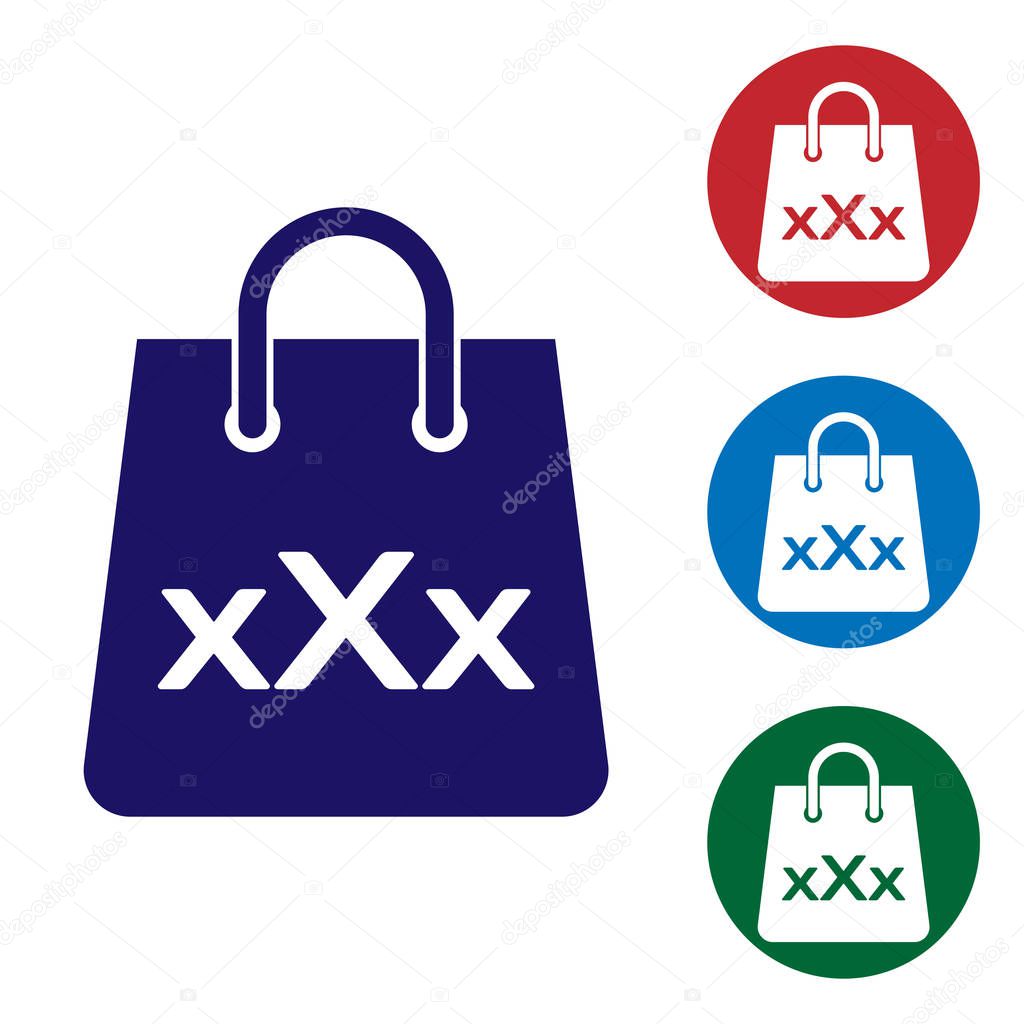 Blue Shopping bag with a triple X icon isolated on white background. Set color icon in circle buttons. Vector Illustration