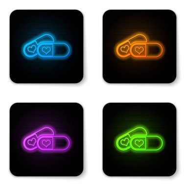 Parlak neon Pills potens için, afrodizyak simgesi beyaz arka planda izole. Erkekler ve kadınlar için seks hapları. Siyah kare düğmesi. Vektör Illustration