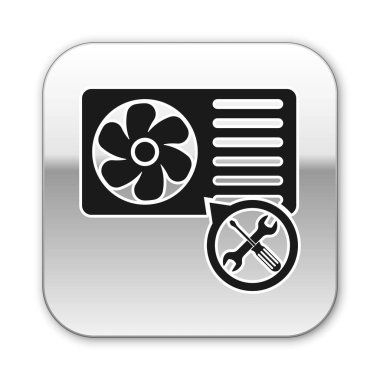 Beyaz arka planda yalıtılmış tornavida ve anahtar simgesi ile siyah Klima. Ayarlama, hizmet, ayarlama, bakım, onarım, sabitleme. Gümüş kare düğmesi. Vektör Illustration