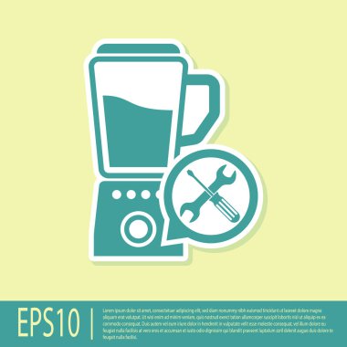 Sarı arka planda izole tornavida ve anahtar simgesi ile yeşil blender. Ayarlama, hizmet, ayarlama, bakım, onarım, sabitleme. Vektör Illustration