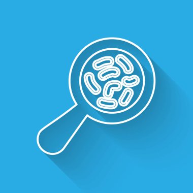 Uzun gölge ile izole Büyüteç simgesi altında beyaz çizgi mikroorganizmalar. Bakteri ve mikroplar, hücre kanseri, mikrop, virüs, mantar. Vektör Illustration