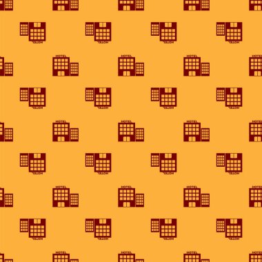 Kırmızı Otel bina simgesi kahverengi arka planda izole Dikişsiz desen. Vektör Illustration