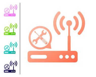 Beyaz arka planda yalıtılmış tornavida ve anahtar simgesi ile mercan Router Wi-Fi. Ayarlama, hizmet, ayarlama, bakım, onarım, sabitleme. Renk simgeleri ayarlayın. Vektör Illustration