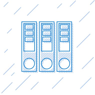 Mavi çizgi ofis klasörleri kağıt ve belgeler simgesi beyaz arka planda yalıtılmış. Ofis bağlayıcıları. Arşiv klasör işareti. Vektör Illustration