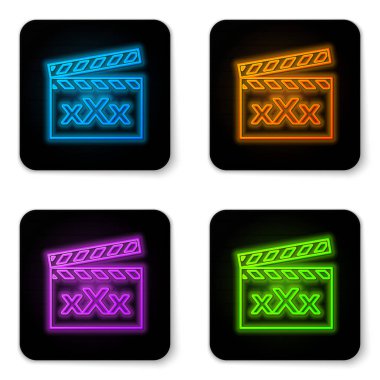 Beyaz arka planda izole yazıt xxx simgesi ile parlayan Neon film Klaket. Yaş kısıtlama sembolü. 18 artı içerik işareti. Yetişkin kanalı. Siyah kare düğmesi. Vektör Illustration