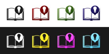 Siyah ve beyaz arka planda izole Ilginç gerçekler simgesini ayarlayın. Kitap veya makale ve ampul. Vektör Illustration