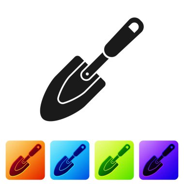 Siyah Bahçe mala Spade veya kürek simgesi beyaz arka planda izole. Bahçe aracı. Bahçecilik, tarım, Tarım için araç. Renk kare düğmelerinde simgeyi ayarlayın. Vektör Illustration