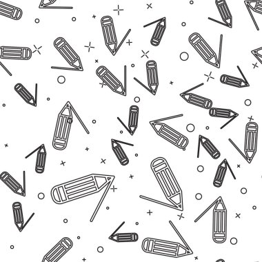 Siyah çizgi kalem ve çizgi simgesi beyaz arka planda yalıtılmış Dikişsiz desen. Eğitim işareti. Çizim ve eğitim araçları. Okul ofisi sembolü. Vektör Illustration