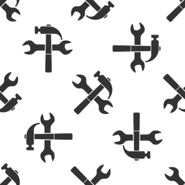 Gri çapraz çekiç ve anahtar simgesi izole Dikişsiz desen beyaz arka plan üzerinde. Donanım araçları. Vektör Illustration