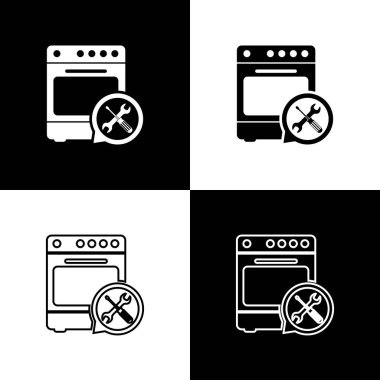 Siyah ve beyaz arka planda yalıtılmış tornavida ve anahtar simgesi ile fırın ayarlayın. Ayarlama, hizmet, ayarlama, bakım, onarım, sabitleme. Vektör Illustration