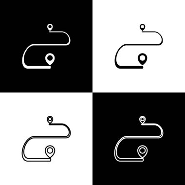 Yol konumu simgesini siyah ve beyaz arkaplanda izole et. Harita işaretçisi işareti. Yol ya da yol kavramı. GPS navigatörü. Vektör İllüstrasyonu