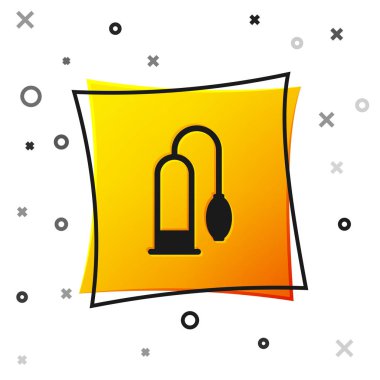 Black Penis pump icon isolated on white background. Penis enlarger. Sex toy for men. Vacuum pump with a blower to increase the penis. Yellow square button. Vector Illustration