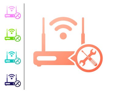 Beyaz arka planda yalıtılmış tornavida ve anahtar simgesi ile mercan Router Wi-Fi. Ayarlama, hizmet, ayarlama, bakım, onarım, sabitleme. Renk simgeleri ayarlayın. Vektör Illustration