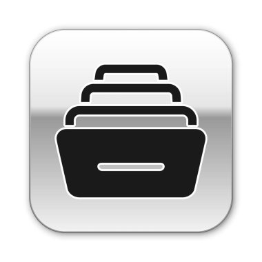 Siyah çekmece belgeleri simgesi beyaz arka planda izole. Arşiv kağıtları çekmecesi. Dosya dolabı çekmecesi. Ofis mobilyaları. Gümüş kare düğmesi. Vektör Illustration