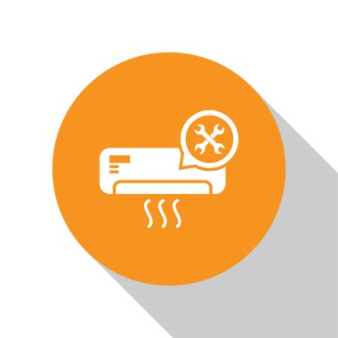 Beyaz arka planda izole edilmiş, tornavida ve anahtar simgesi olan White Klima. Ayarlama, hizmet, ayarlama, bakım, onarım, sabitleme. Turuncu daire düğmesi. Vektör Illustration