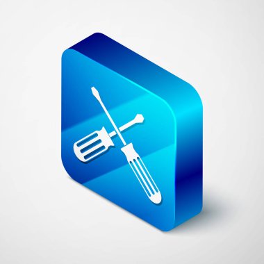 Beyaz arka planda yalıtılmış izometrik çapraz Tornavidalar simgesi. Servis aracı sembolü. Mavi kare düğmesi. Vektör Illustration