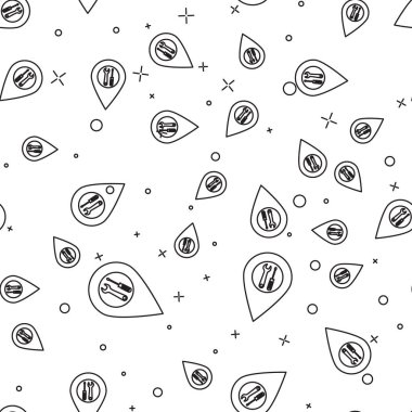 Siyah çizgi beyaz arka planda çapraz tornavida ve anahtar araçları simgesi izole Dikişsiz desen ile konum. İşaretçi ayarları sembolü. Vektör Illustration