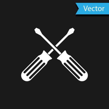Beyaz çapraz Tornavidalar simgesi siyah arka planda izole. Servis aracı sembolü. Vektör Illustration