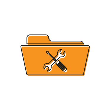 Beyaz arka planda izole tornavida ve anahtar simgesi ile turuncu klasör. Ayarlama, hizmet, ayarlama, bakım, onarım, sabitleme. Vektör Illustration