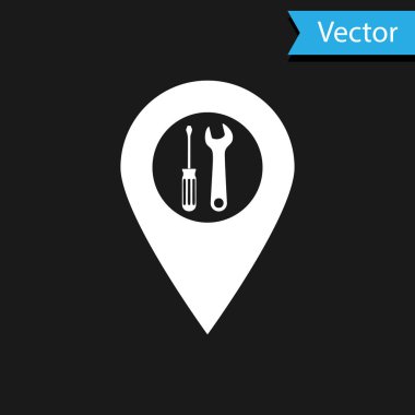 Siyah arka planda yalıtılmış çapraz tornavida ve anahtar araçları simgesi ile beyaz konum. İşaretçi ayarları sembolü. Vektör Illustration