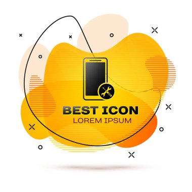 Beyaz arka planda yalıtılmış tornavida ve anahtar simgesi ile siyah smartphone. Ayarlama, hizmet, ayarlama, bakım, onarım, sabitleme. Sıvı renkli afiş. Vektör Illustration