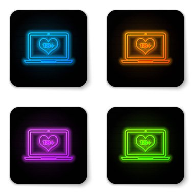 Beyaz arka planda izole 18 artı içerik kalp simgesi ile parlayan Neon dizüstü bilgisayar. Yaş kısıtlama sembolü. 18 artı içerik işareti. Yetişkin kanalı. Siyah kare düğmesi. Vektör Illustration