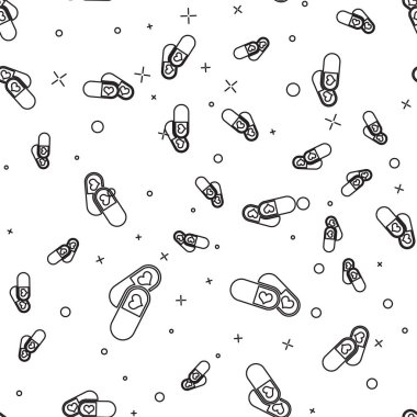 Siyah çizgi Pills için potens, afrodizyak simgesi izole Dikişsiz desen beyaz arka plan üzerinde. Erkekler ve kadınlar için seks hapları. Vektör Illustration