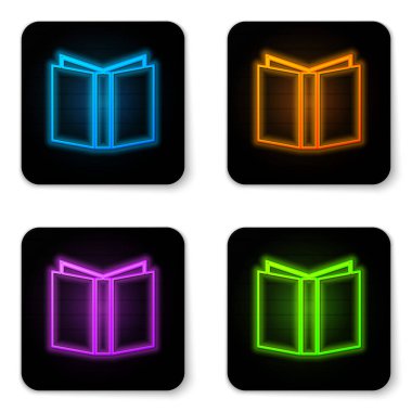 Parlayan Neon beyaz arka planda izole açık kitap simgesi. Siyah kare düğmesi. Vektör Illustration