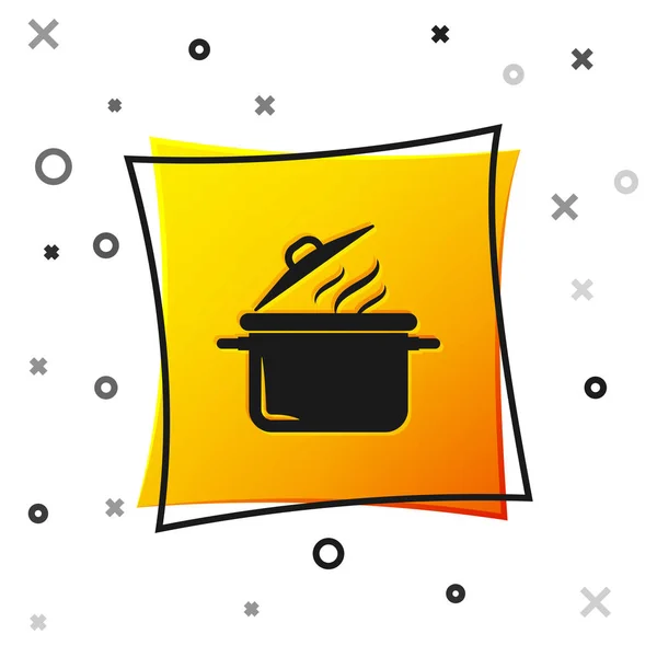 Zwarte kookpot icoon geïsoleerd op witte achtergrond. Kook of stoofpot voedsel symbool. Gele vierkante knop. Vector illustratie — Stockvector