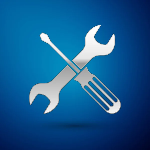 Cacciavite incrociato argento e chiave utensili icona isolata su sfondo blu. Simbolo strumento di servizio. Illustrazione vettoriale — Vettoriale Stock