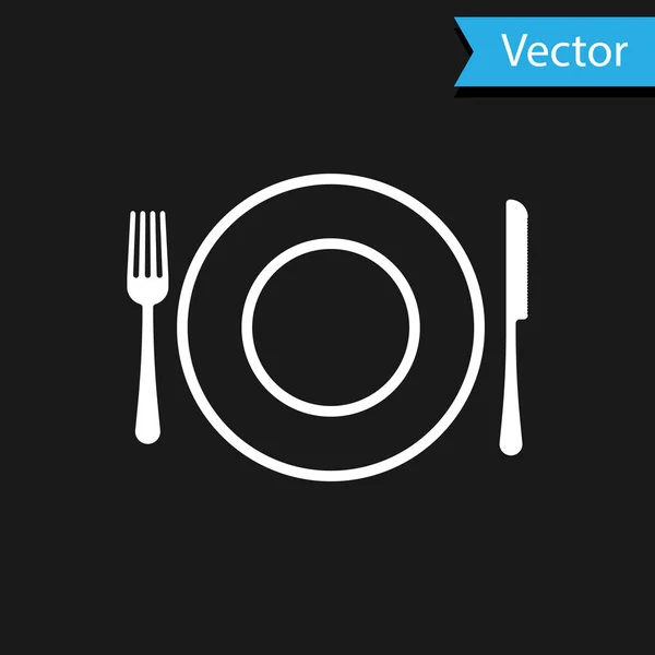 Vit plåt, gaffel och kniv ikon isolerad på svart bakgrund. Bestick symbol. Restaurang skylt. Vektor illustration — Stock vektor