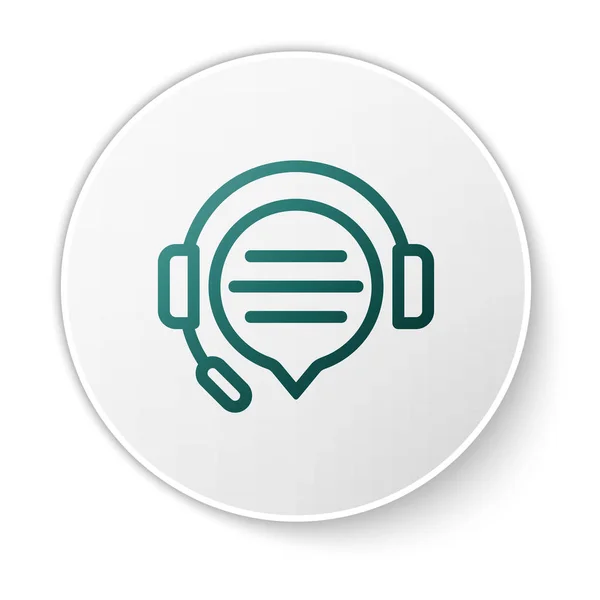 Auriculares verdes con el icono de la burbuja de voz de chat aislado en el fondo blanco. Servicio al cliente de soporte, línea directa, centro de llamadas, preguntas frecuentes, mantenimiento. Botón círculo blanco. Ilustración vectorial — Archivo Imágenes Vectoriales