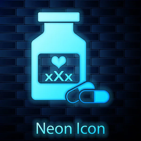 Bottiglia luminosa al neon Medicina con pillole per la potenza, icona afrodisiaca isolata su sfondo muro di mattoni. Pillole sessuali per uomini e donne. Illustrazione vettoriale — Vettoriale Stock