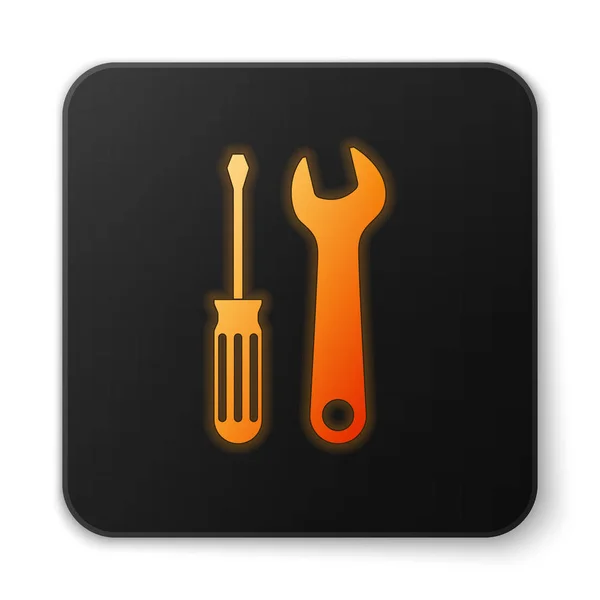 Tournevis lumineux orange et icône des outils de clé isolée sur fond blanc. Symbole d'outil de service. Bouton carré noir. Illustration vectorielle — Image vectorielle