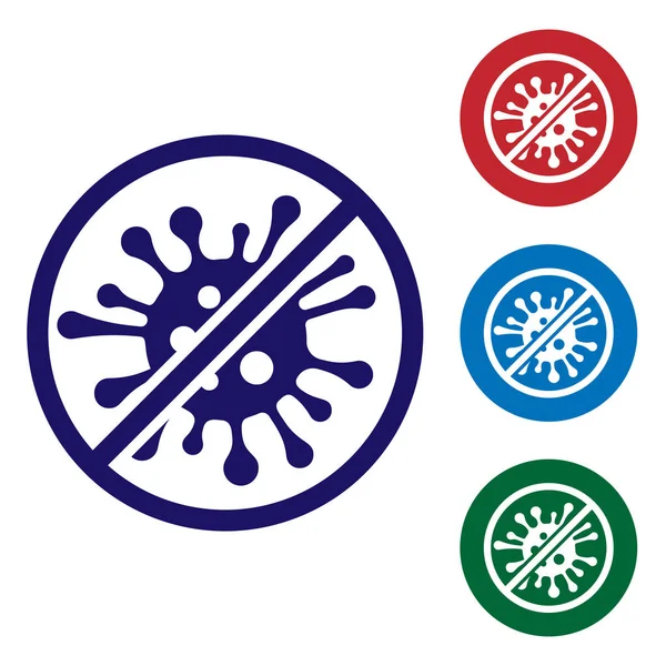 Синий Стоп вирус, бактерии, микробы и иконка микроба выделены на белом фоне. Антибактериальная и противовирусная защита, инфекция защиты. Установите значок цвета в пуговицах круга. Векторная миграция — стоковый вектор