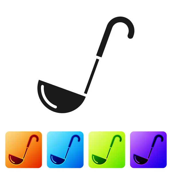 Black Kitchen ladle icon isolated on white background. Cooking utensil. Cutlery spoon sign. Set icon in color square buttons. Vector Illustration — Stock Vector