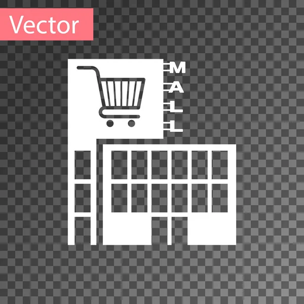 White Mall o edificio de supermercados con icono de carrito de compras aislado sobre fondo transparente. Tienda o tienda. Ilustración vectorial — Vector de stock