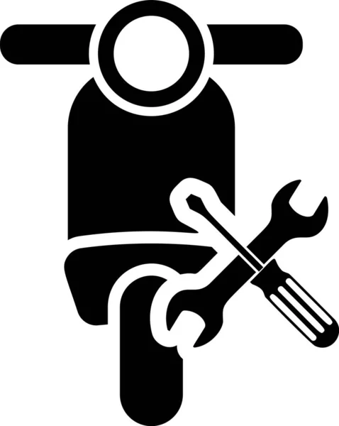 Černý skútr s ikonou šroubováku a klíče na bílém pozadí. Seřízení, servis, nastavení, údržba, opravy, upevnění. Vektorová ilustrace — Stockový vektor