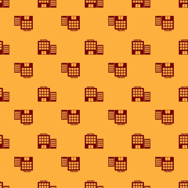 Kırmızı Otel bina simgesi kahverengi arka planda izole Dikişsiz desen. Vektör Illustration