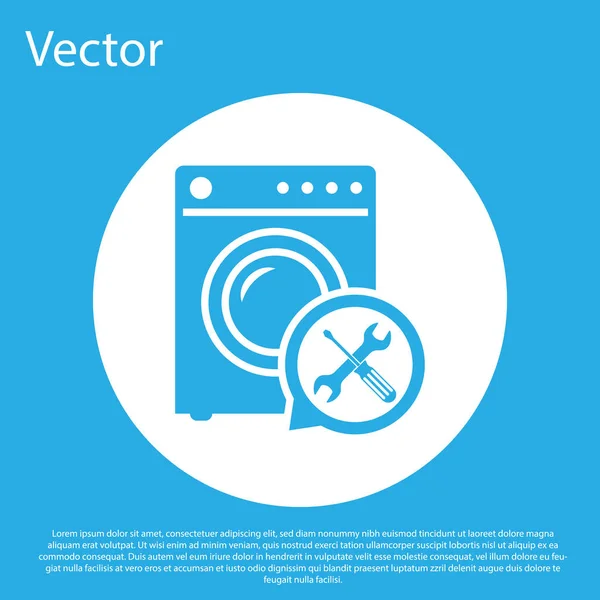 Arandela azul con destornillador e icono de llave aislada sobre fondo azul. Ajuste, servicio, ajuste, mantenimiento, reparación, fijación. Botón círculo blanco. Ilustración vectorial — Archivo Imágenes Vectoriales