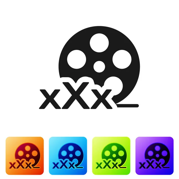 Schwarze Filmspule mit Aufschrift xxx-Symbol isoliert auf weißem Hintergrund. Symbol für Altersbeschränkung. 18 plus Content-Zeichen. Erwachsenensender. setzen Sie das Symbol in quadratischen Schaltflächen. Vektorillustration — Stockvektor