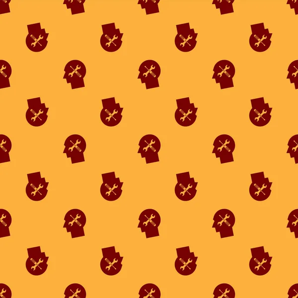 Rode menselijk hoofd met met schroevendraaier en moersleutel pictogram geïsoleerd naadloze patroon op bruine achtergrond. Kunstmatige intelligentie. Symbool werk van de hersenen. Vector illustratie — Stockvector
